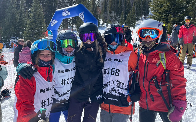 MRG freeski team-NORAMS (North American Championships) this past April hosted at Big Sky, Montana. Photo from left to right; Ava Killian, Maddie Liberman, Emily Crofton, Lynsey Nagle and Tara Nagle. photo courtesy of Ry Young MRG