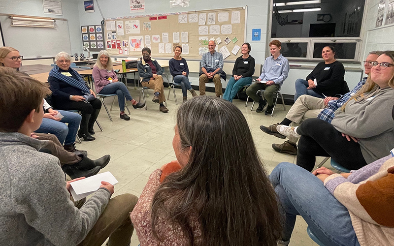 Students and community members discuss forgiveness at the Socrates Cafe. Photos courtesy Kathy Cadwell