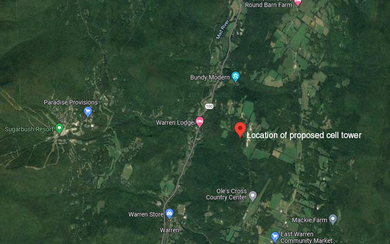 Google map showing proposed location of new cell tower in Warren, VT.