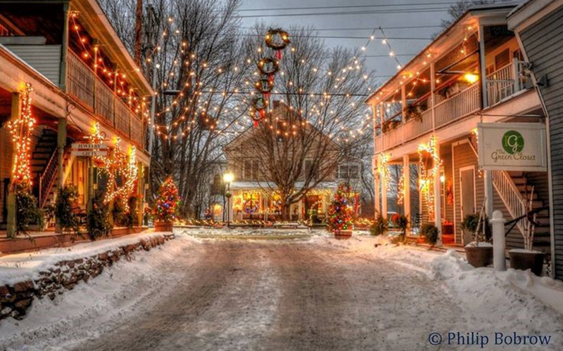 A festively decorated ally off Bridge Street in Waitsfield, VT . Photo: Phil Bobrow.
