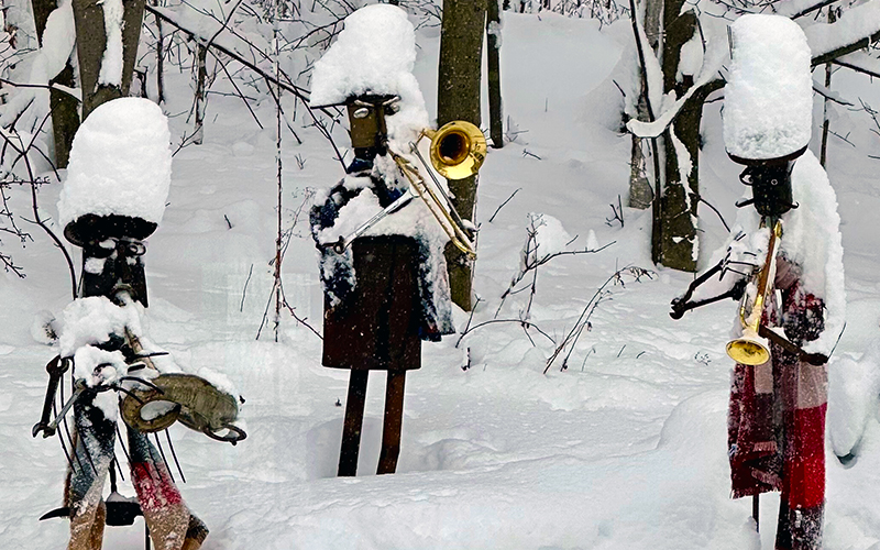 iron sculpture of band playing trumpets created by Troy Kingsbury of Waitsfield, VT.