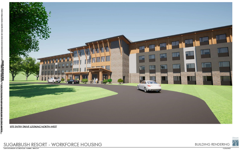Architect rendering of the front of a proposed housing development at Sugarbush Resort in Warren, VT.
