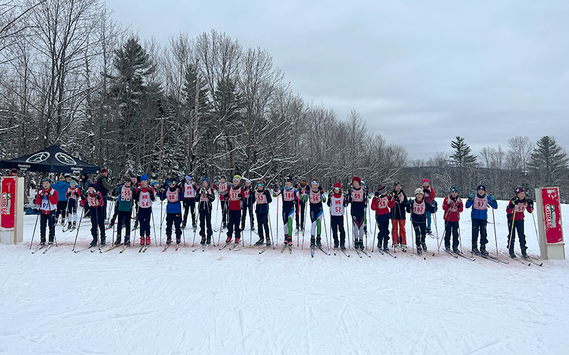 Skiers line up at the start of the Mad River Scramble at Blueberry Lake Cross Country Center in Warren, VT,