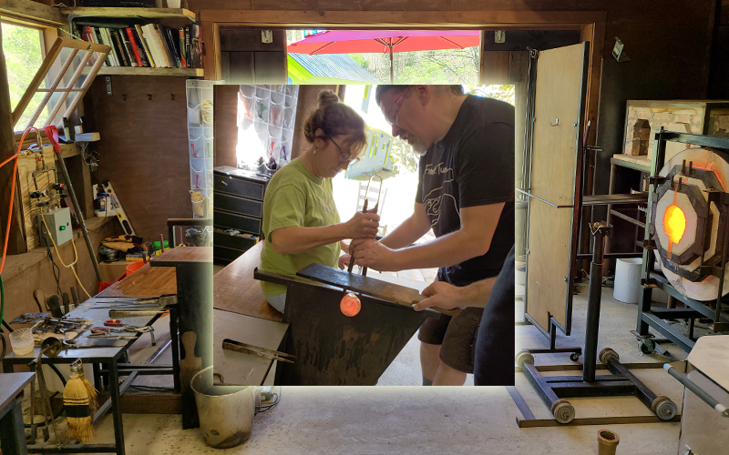 Salt & Sand Studio in Warren, VT, inset of a student learning to blow glass.