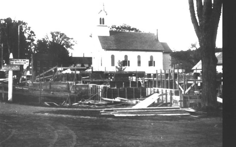 Archival photo of construction of the Joslin Memorial Library in Waitsfield, VT, the library opened its doors in 1913.