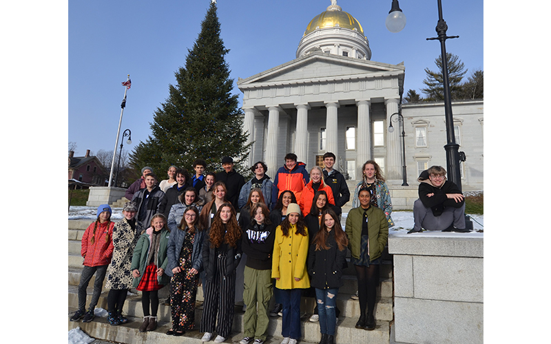 Vermont Youth Council in front of the State House on February 8. Harmony Devoe of Warren is in the yellow coat. Photo courtesy of Vermont Afterschool.