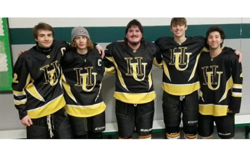 Harwood boys hockey seniors at senior night - Adin Combs, Aidan Vasseur, Cole Dezan, Owen Duffy and Garrett Nelson