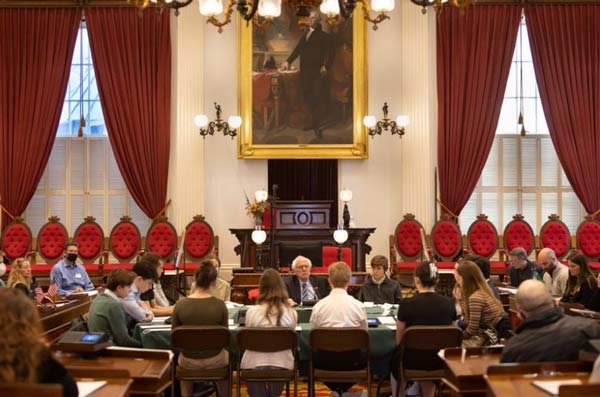 Vermont Senator Bernie Sanders meeting with high school students at the Vermont State House.