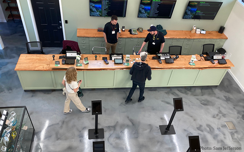 An overview of the checkout line at GoodFire Cannabis shop in Waterbury, Vermont. Photo: Sam Jefferson