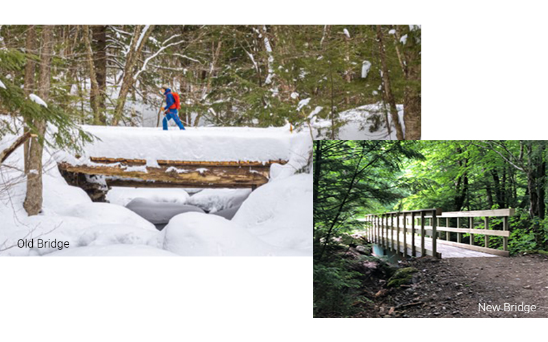 The Battleground Condo bridge, the old bridge in winter and the new bridge in summer.