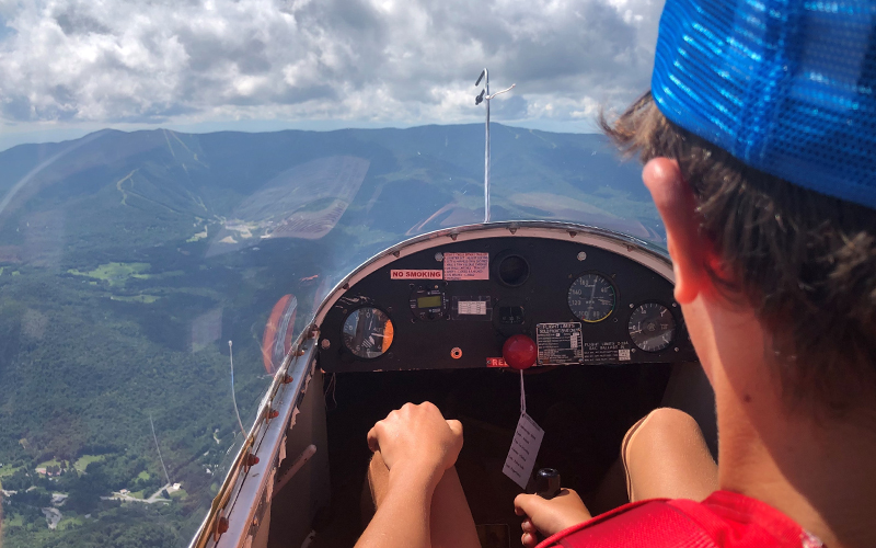A young pilot at the controls of a glider over the Mad River Valley. Photo courtesy Sugarbush Soaring.