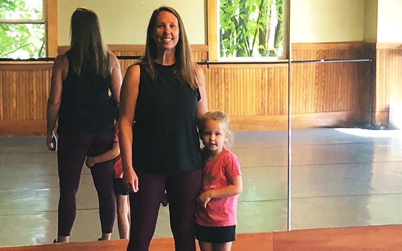 Alyssa Dybala, with daughter Mila, in her new Studio 100 Dance and Fitness space on the second floor of the Valley Players Theater in Waitsfield, VT. Photo: Lisa Loomis