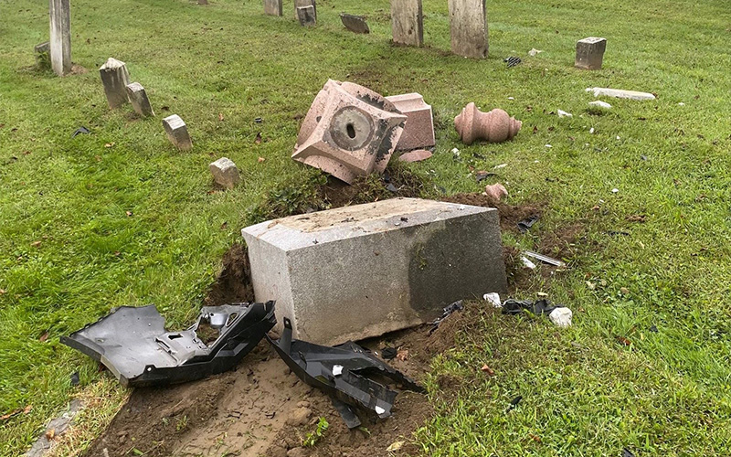 Damage to the Moretown Cemetery from a hit and run driver. Photo by Mary Murphy-Blake