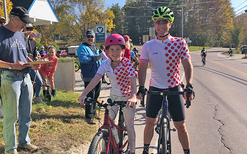 Daphne Buzby-Mueller prepares to start the Allen Clark Hill Climb with father Josiah on Sunday, October 1. Photo Eric Friedman