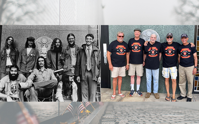 LEFT: The Gainesville 8 defendants in 1973: Standing left to Right: John Briggs, Peter Mahoney, Stanley Michelson, Bill Patterson, Don Perdue. Bottom row left to right: Scott Camil, Alton Foss, John Kniffin.. RIGHT: The surviving G8 defendants today: Left to right, John Briggs, Peter Mahoney, Scott Camil, Stanley Michelson, Don Perdue.