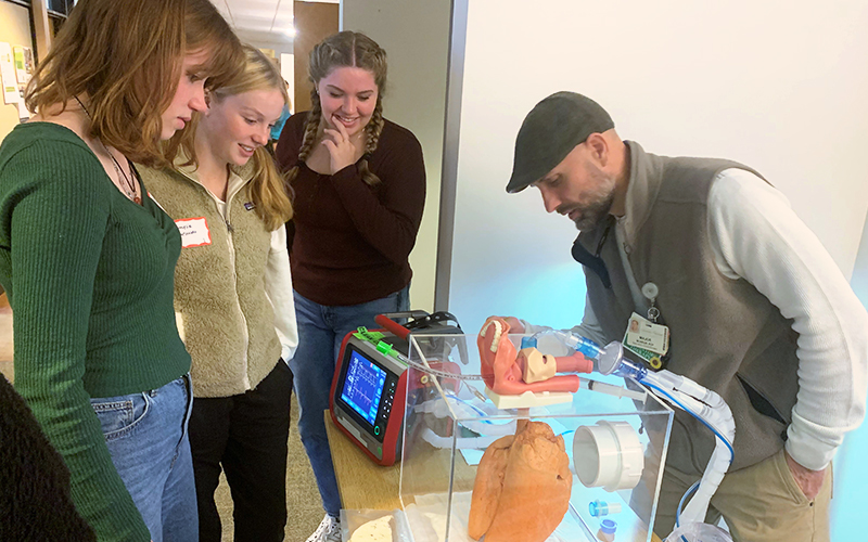 Harwood Union High School students learn about respiratory therapy and other health care careers at the Community College of Vermont’s Access Day under the Next Step program. Students are: Ella Cisz, Amalie Maranda, Addison Streeter (left to right).