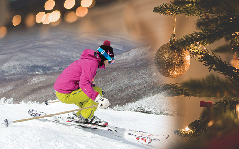 Composite photo showing skier and ornaments.