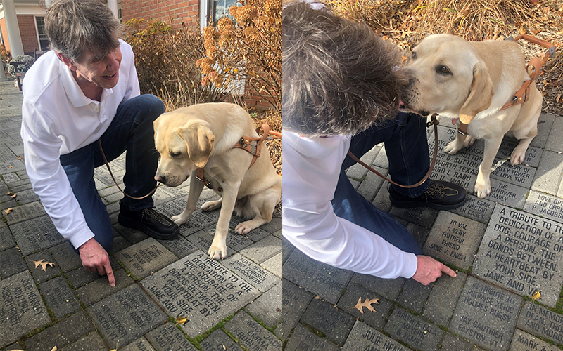 Jay Gauthier and guide dog Pete at his paver at The Seeing Eye campus in Morristown, NJ, paying tribute to his four previous Seeing Eye dogs: Promise, Xeric, Holmes and Bugsy.