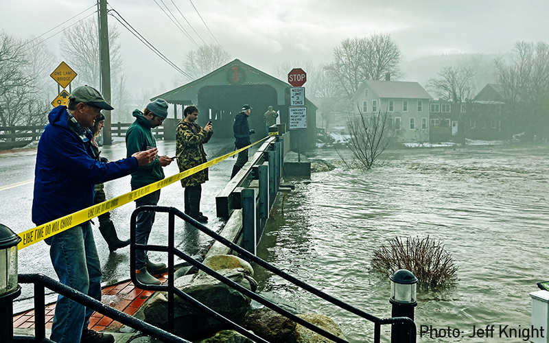 December 2023 flooding of the Mar River seen from the Waitsfield Covered Bridge.