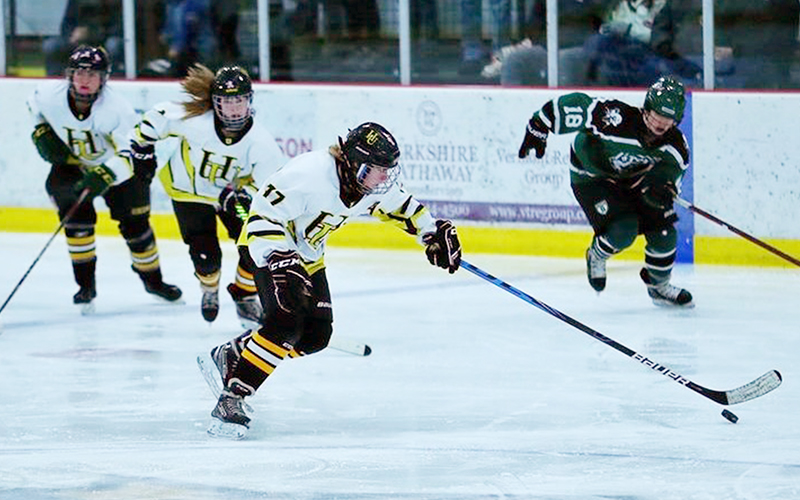 Harwood sophomore Zoe Duffy scored two goals in the girls 11-2 loss to Stowe on February 17 at the Waterbury Ice Center. 