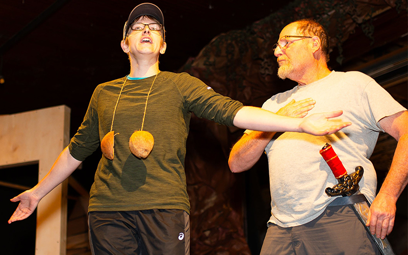 Patsy (Ashley Hall, Warren) performs for King Arthur (Karl Klein, Fayston) in “Monty Python's SPAMALOT,” opening June 27 at the Valley Players Theater in Waitsfield. Photo by Shots by Ells.