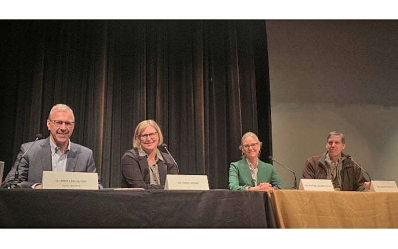 Panelists left to right: Harwood superintendent Mike Leichliter, education finance expert Tammy Kolbe, Vermont State Senators Martine Gulick, D-Chittenden Central, from Burlington and Andrew Perchlik, P/D-Washington, from Marshfield. Photo: Camryn Brauns.