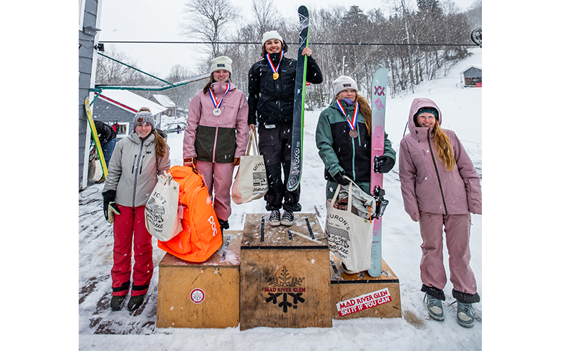 Ladies U19 podium from left to right: Cailin Brooks (MRG Freeski), Sadie Haskell (MRG Freeski), Aurora Cherney (Aspen Valley Freeski), Lynsey Nagle (MRG Freeski), Imogen Schaberg (Jay Peak Freeski).