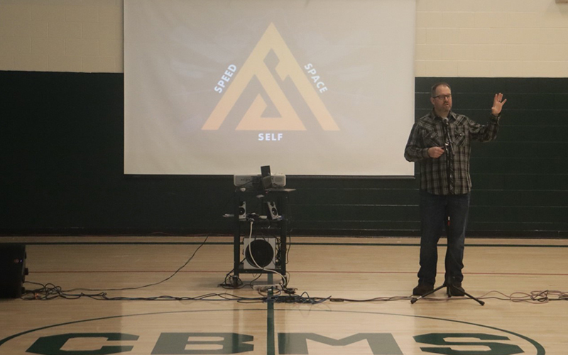 Chauncy Johnson addresses middle schools at CBMS last week. Photo Claire Pomer.