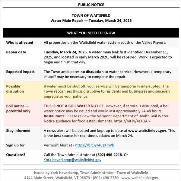 Waitsfield water system leak to be repaired next week